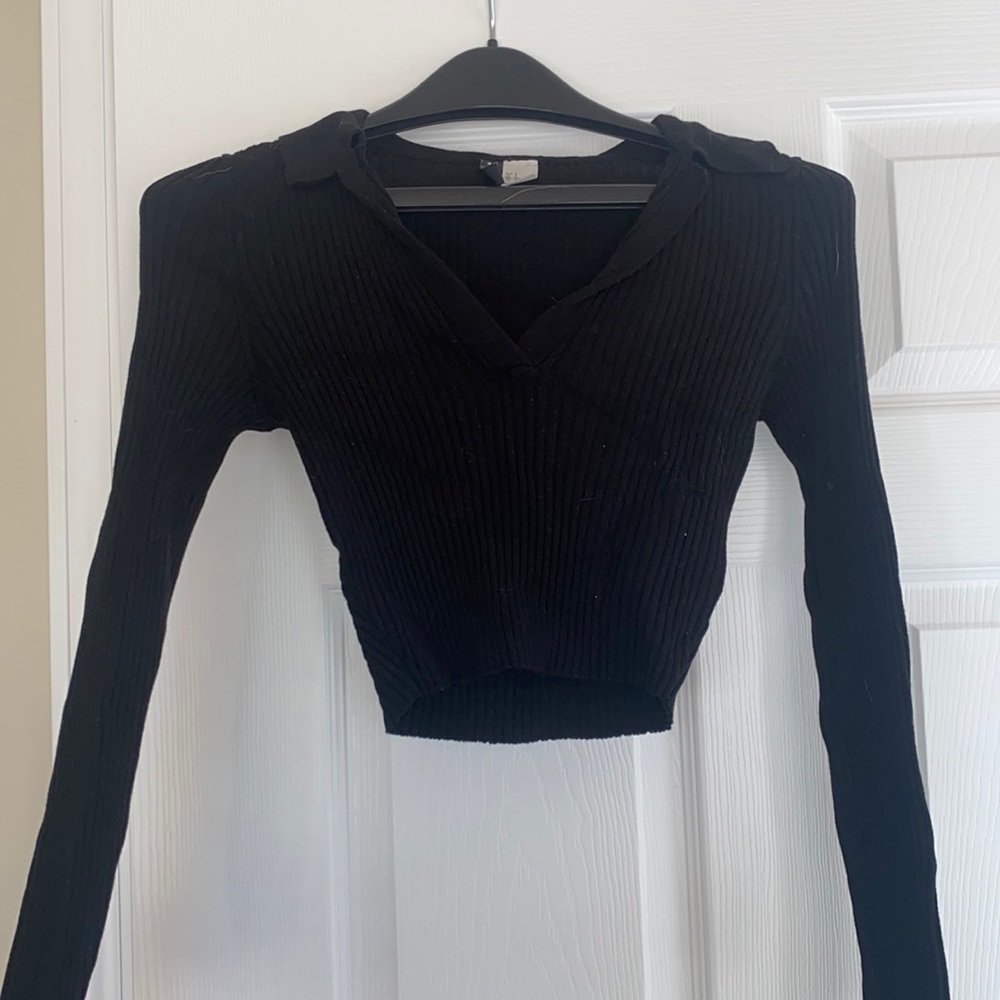 Black Ribbed Crop Top with Collar